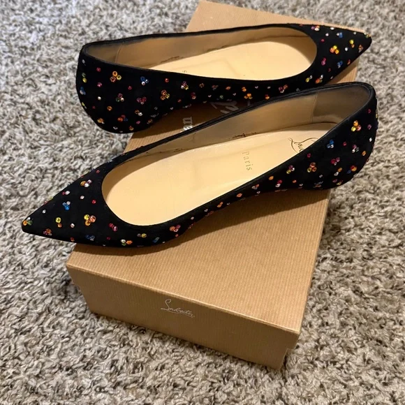 Christian Louboutin Black Suede Flats Rainbow Crystals - Picture 1 of 3